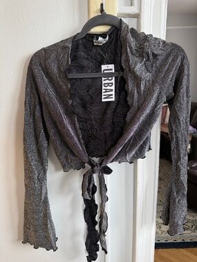 Urban Outfitters Silver Black Metallic Tie-Front Shrug